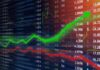 Stock market chart with green upward arrow and red downward line