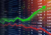 Stock market chart with green upward arrow and red downward line