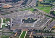 Aerial view of a large pentagon-shaped government complex