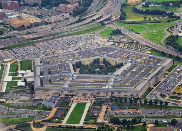 Aerial view of a large pentagon-shaped government complex