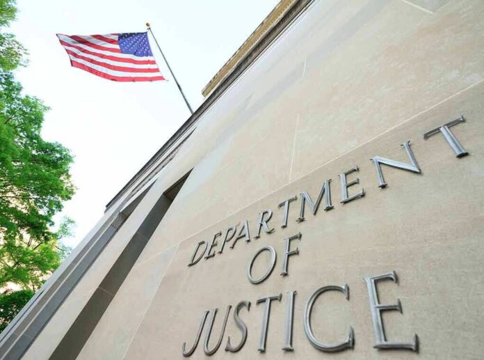 Department of Justice building with American flag