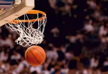 Basketball dropping through a hoop