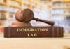 Judge's gavel resting on an immigration law book