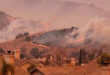 Artifact Evacuation Amid Raging Flames Wildfire burns on hillside near suburban homes
