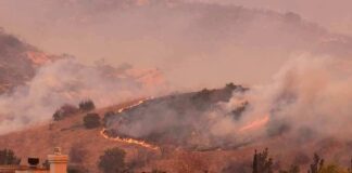 Wildfire burns on hillside near suburban homes