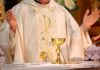 Pope’s Mega-Mass Freezes Central Paris Priest celebrating Mass with chalice and open hands