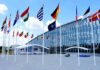 Row of national flags outside a modern glass building
