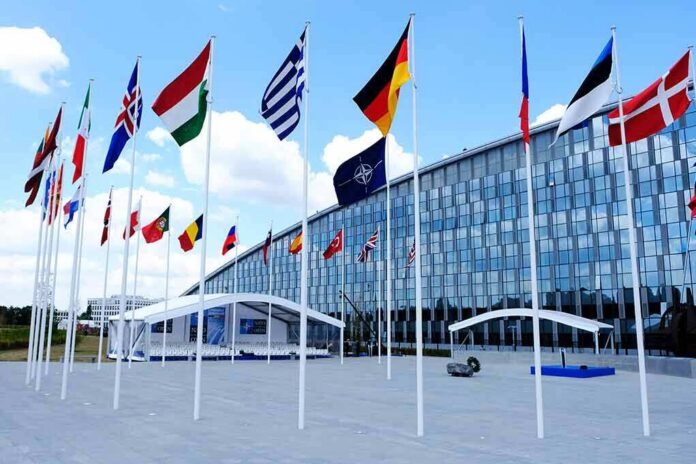 shutterstock_1133280740 Row of national flags outside a modern glass building