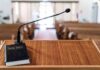 Podium with microphone and Bible in a church