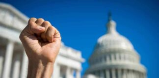 Raised clenched fist in front of a domed government building