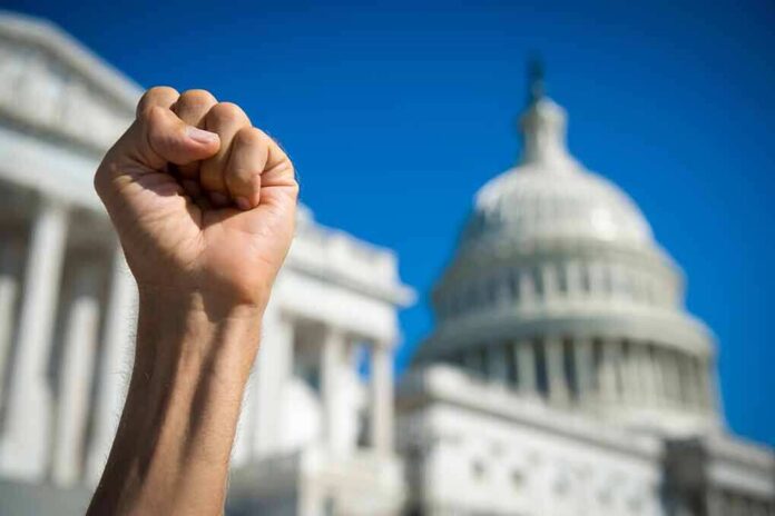 Raised clenched fist in front of a domed government building