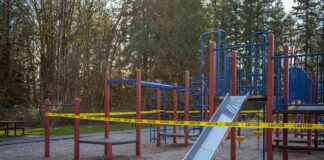 Playground equipment wrapped with caution tape