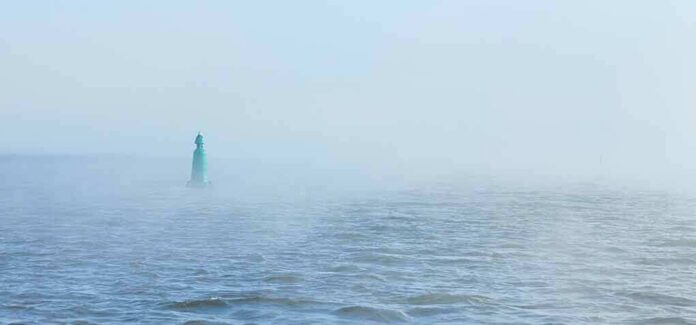 Green buoy in foggy sea