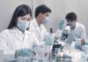 Scientists in lab coats working with test tubes and microscopes