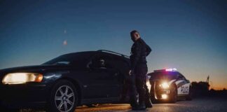 Police officer stands beside a stopped car at dusk