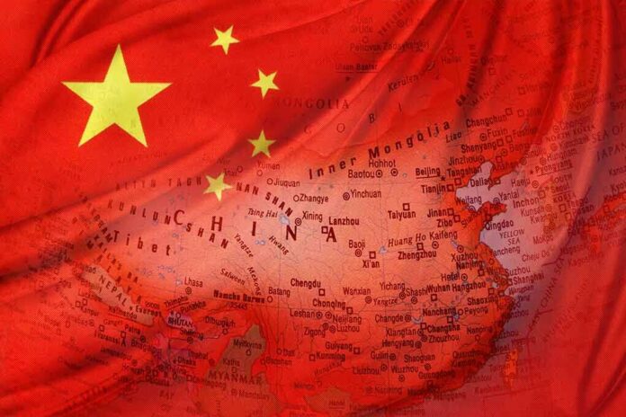 Chinese flag overlaid on a map of China