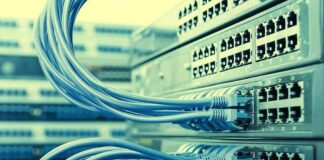 Network switches with blue Ethernet cables