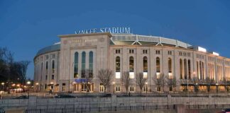 Yankee Stadium exterior at dusk
