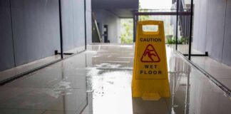 Yellow wet floor caution sign on a shiny wet hallway