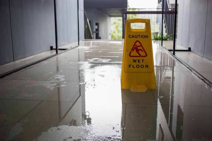 Yellow wet floor caution sign on a shiny wet hallway