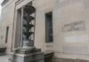 Department of Justice building exterior with sculptural fountain