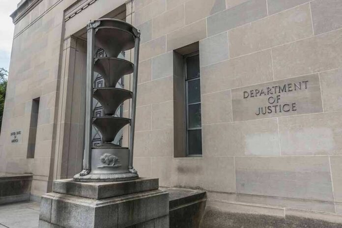 Department of Justice building exterior with sculptural fountain