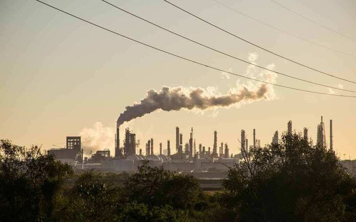 Industrial refinery with smokestack emitting plume at sunset