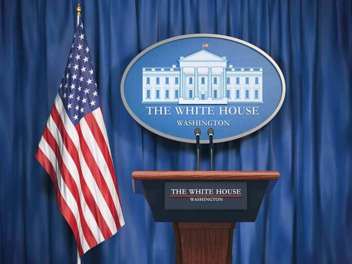 White House press briefing podium and US flag
