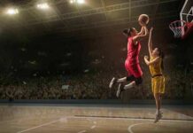 Two women playing basketball; Michelle Jenneke is not visible