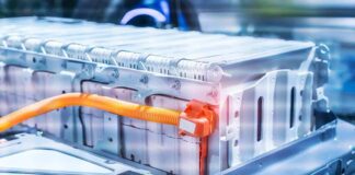 Electric vehicle battery pack with orange high-voltage cable