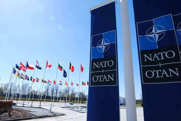 NATO flags and banners outside headquarters