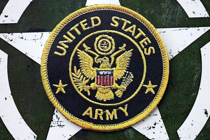 United States Army embroidered patch on a green star background