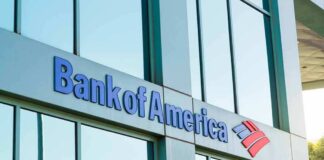 Bank of America branch exterior with logo on glass building